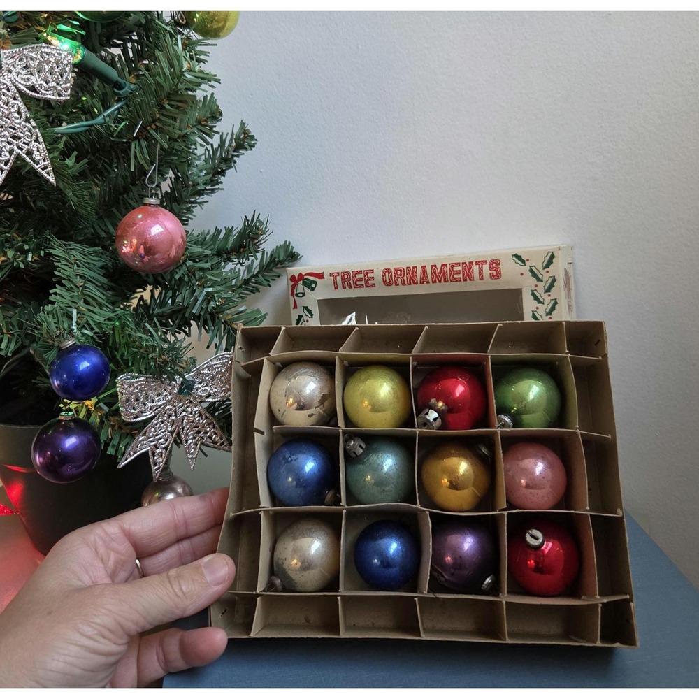 Vintage Japan Mini Glass Christmas Ornaments Set of 12 in Original Box